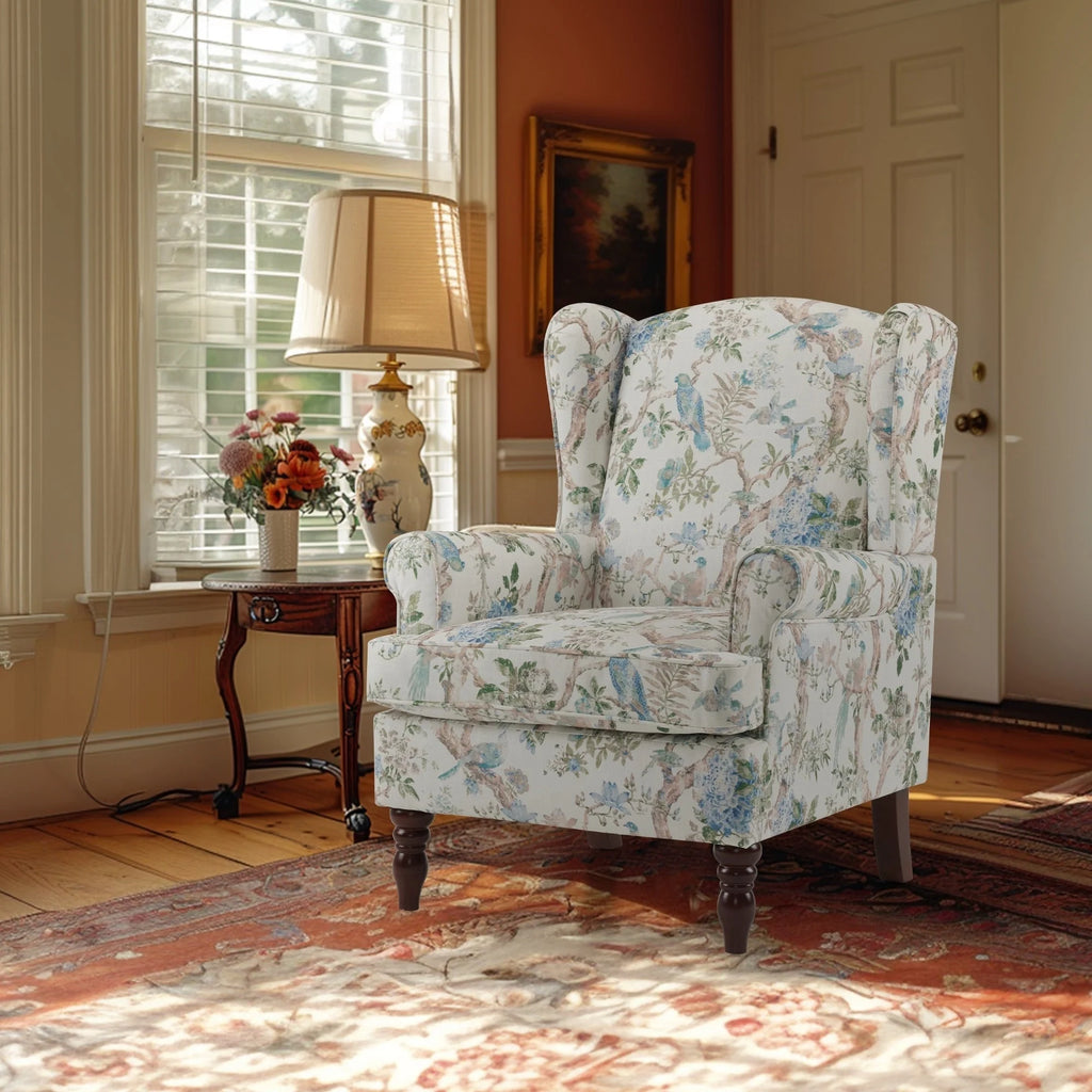 Fauteuil d'appoint moderne Erommy, fauteuil à dossier haut, canapé simple en tissu rembourré avec boutons et pieds en bois pour salon