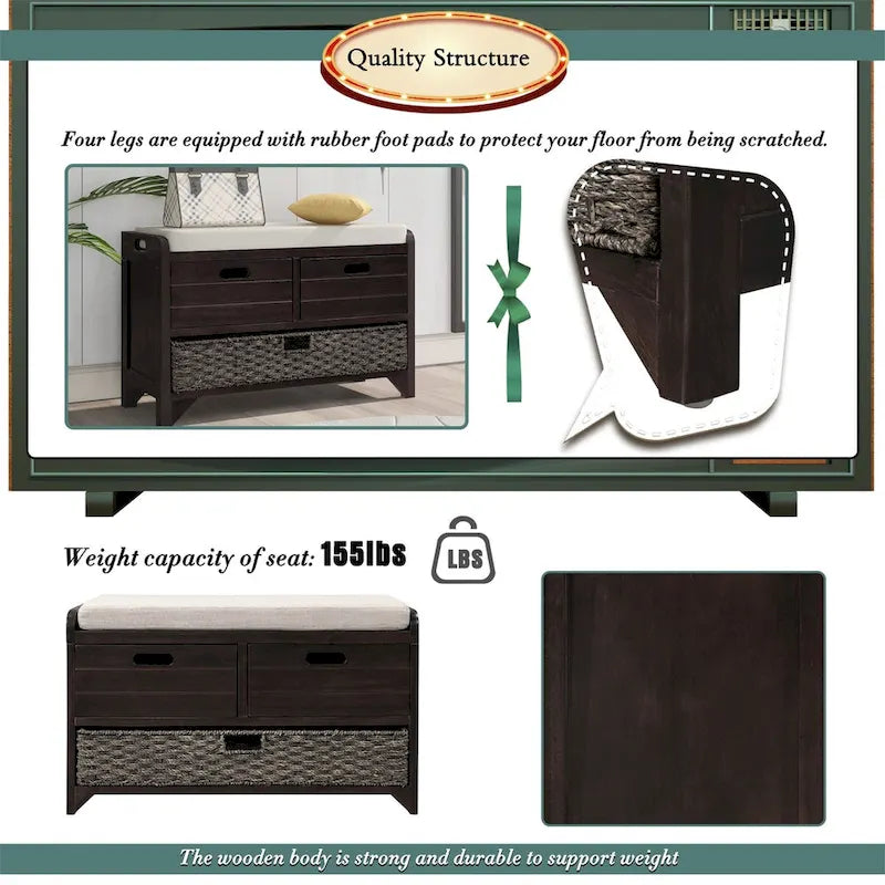 Banc de rangement en bois avec 2 paniers tressés par Harper&Bright Designs