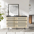 Commode de rangement à 6 tiroirs en MDF naturel et métal avec motif à rayures verticales et accents noirs