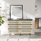 Commode de rangement à 6 tiroirs en MDF naturel et métal avec motif à rayures verticales et accents noirs