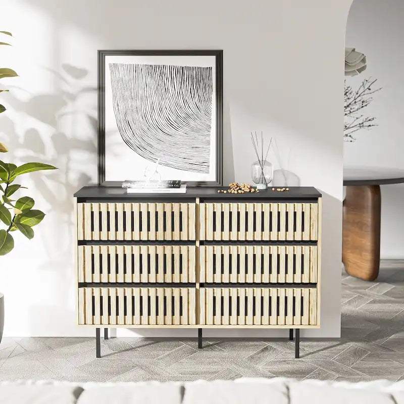 Commode de rangement à 6 tiroirs en MDF naturel et métal avec motif à rayures verticales et accents noirs