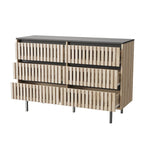 Commode de rangement à 6 tiroirs en MDF naturel et métal avec motif à rayures verticales et accents noirs