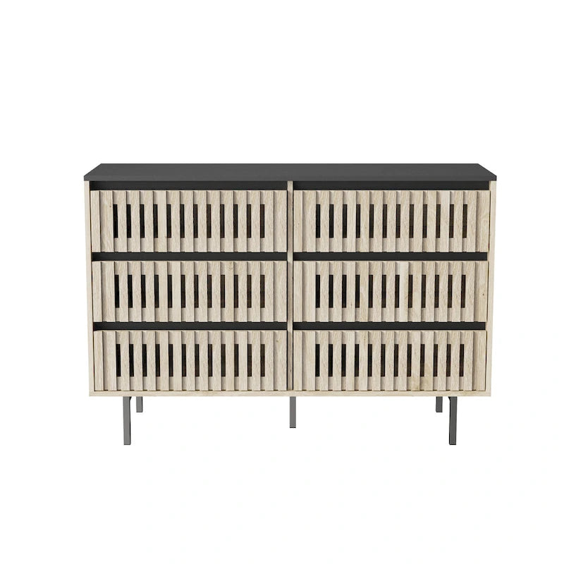 Commode de rangement à 6 tiroirs en MDF naturel et métal avec motif à rayures verticales et accents noirs