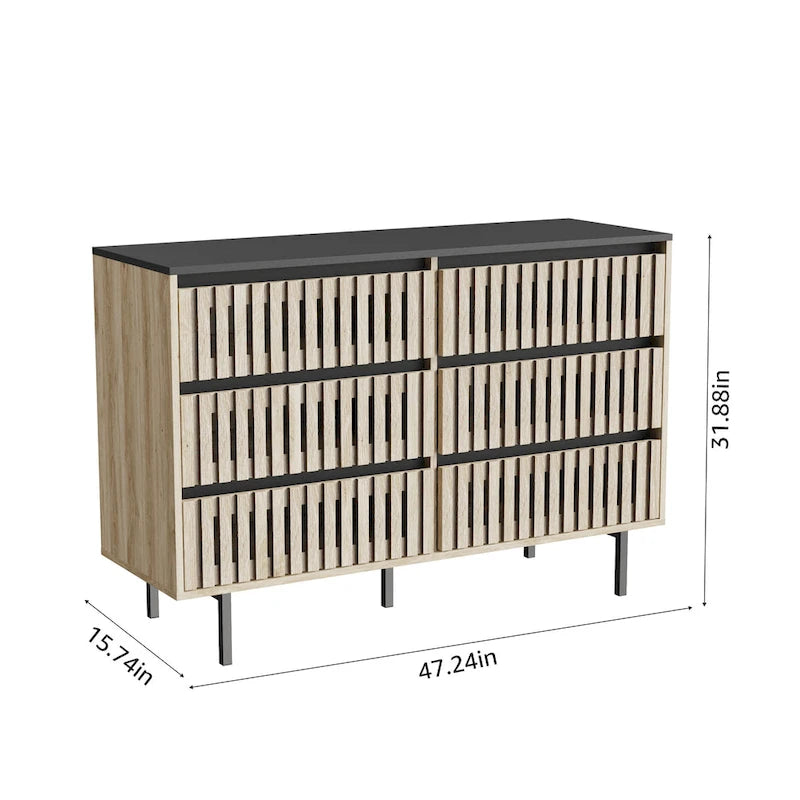 Commode de rangement à 6 tiroirs en MDF naturel et métal avec motif à rayures verticales et accents noirs
