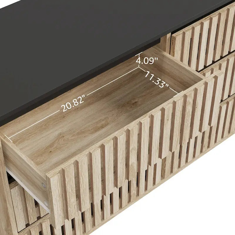 Commode de rangement à 6 tiroirs en MDF naturel et métal avec motif à rayures verticales et accents noirs
