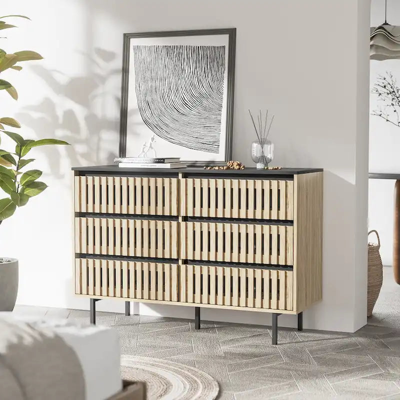 Commode de rangement à 6 tiroirs en MDF naturel et métal avec motif à rayures verticales et accents noirs