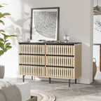 Commode de rangement à 6 tiroirs en MDF naturel et métal avec motif à rayures verticales et accents noirs
