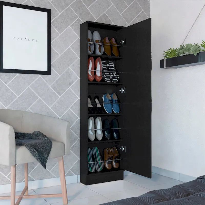 Meuble à chaussures 1 porte avec miroir, coloris noir/blanc, 5 étagères intérieures, capacité 10 paires