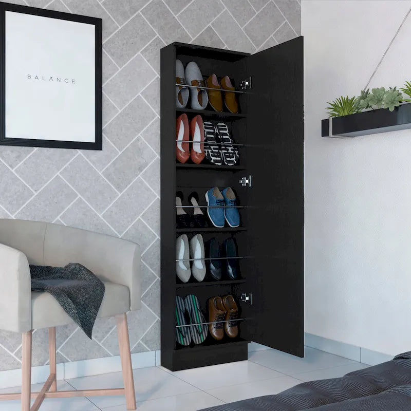 Meuble à chaussures 1 porte avec miroir, coloris noir/blanc, 5 étagères intérieures, capacité 10 paires