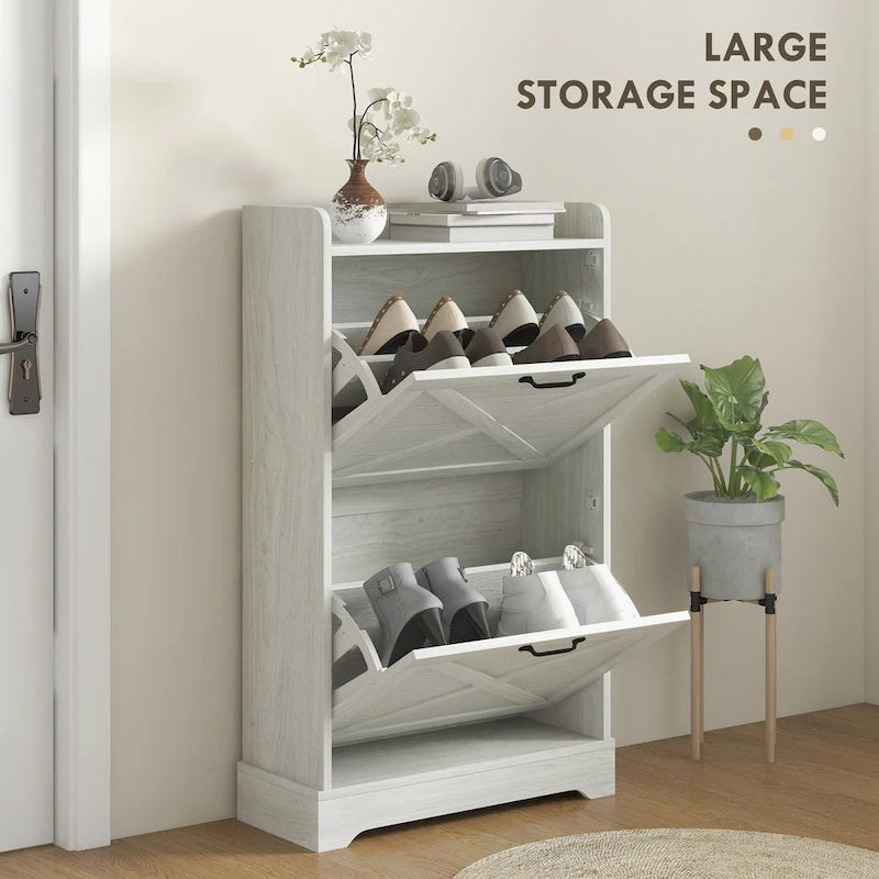Meuble à chaussures étroit de style campagnard blanc avec 2 tiroirs à abattant et étagères réglables
