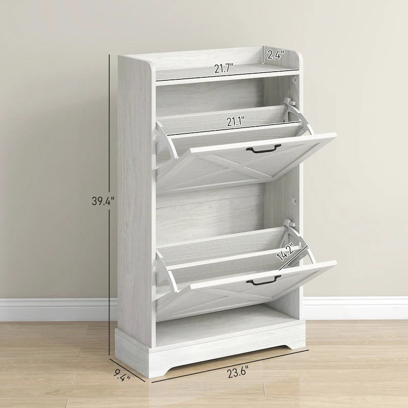 Meuble à chaussures étroit de style campagnard blanc avec 2 tiroirs à abattant et étagères réglables