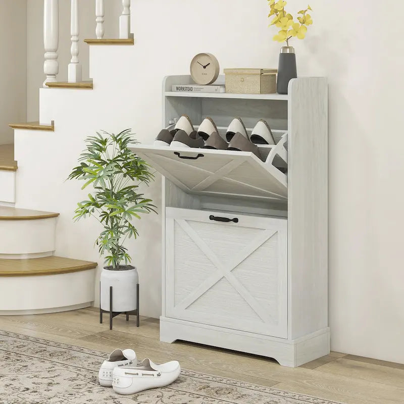 Meuble à chaussures étroit de style campagnard blanc avec 2 tiroirs à abattant et étagères réglables