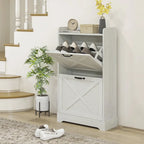Meuble à chaussures étroit de style campagnard blanc avec 2 tiroirs à abattant et étagères réglables