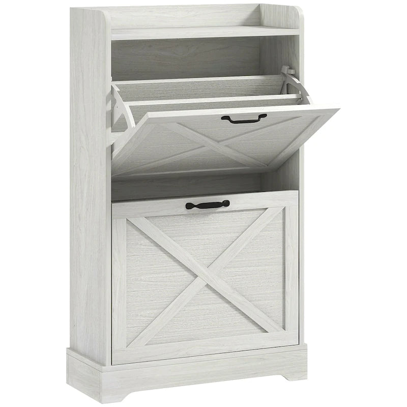 Meuble à chaussures étroit de style campagnard blanc avec 2 tiroirs à abattant et étagères réglables