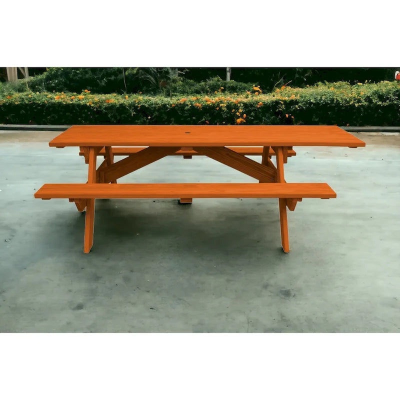 HomeRoots 94 Redwood Solid Wood Outdoor Picnic Table with Umbrella Hole