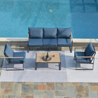Ensemble de canapés de jardin moderne 4 pièces – Structure en fer avec coussins gris et table basse aspect bois