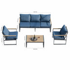 Ensemble de canapés de jardin moderne 4 pièces – Structure en fer avec coussins gris et table basse aspect bois