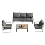 Ensemble de canapés de jardin moderne 4 pièces – Structure en fer avec coussins gris et table basse aspect bois