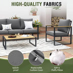 Ensemble de canapés de jardin moderne 4 pièces – Structure en fer avec coussins gris et table basse aspect bois