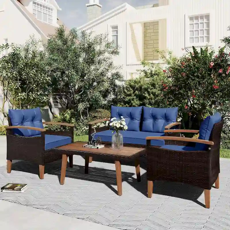 Ensemble de 4 pièces de mobilier de jardin moderne, canapé en rotin avec pieds en bois et coussins, adapté pour terrasse et balcon extérieurs