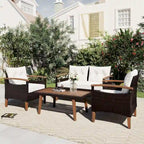 Ensemble de 4 pièces de mobilier de jardin moderne, canapé en rotin avec pieds en bois et coussins, adapté pour terrasse et balcon extérieurs