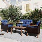 Ensemble de 4 pièces de mobilier de jardin moderne, canapé en rotin avec pieds en bois et coussins, adapté pour terrasse et balcon extérieurs