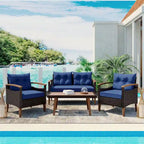 Ensemble de 4 pièces de mobilier de jardin moderne, canapé en rotin avec pieds en bois et coussins, adapté pour terrasse et balcon extérieurs