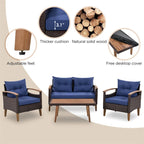 Ensemble de 4 pièces de mobilier de jardin moderne, canapé en rotin avec pieds en bois et coussins, adapté pour terrasse et balcon extérieurs