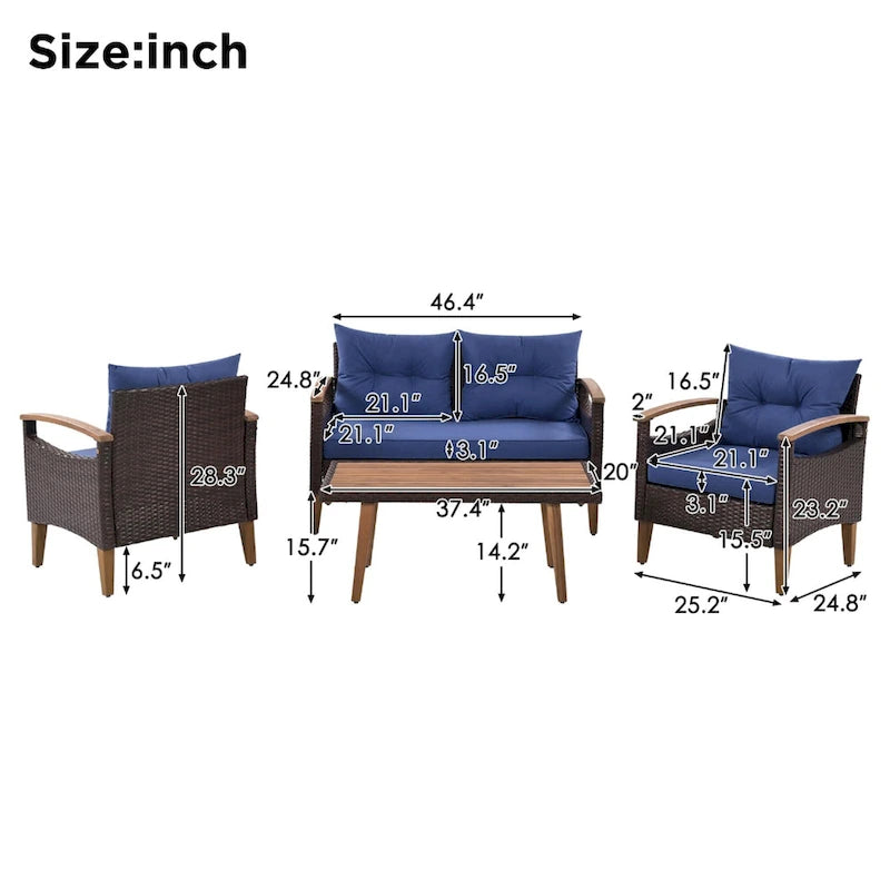 Ensemble de 4 pièces de mobilier de jardin moderne, canapé en rotin avec pieds en bois et coussins, adapté pour terrasse et balcon extérieurs