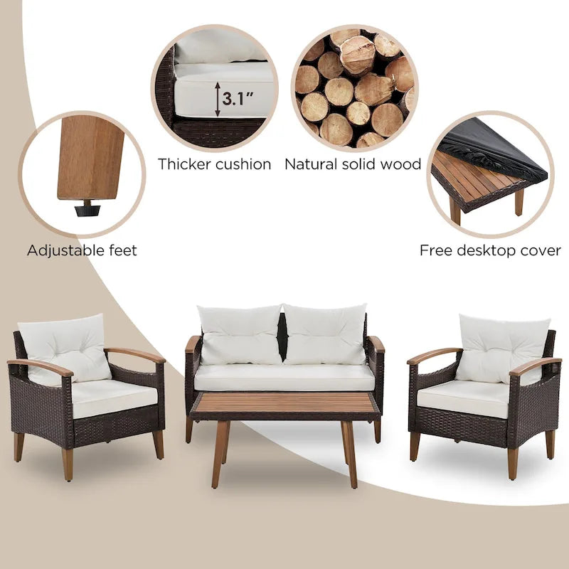 Ensemble de 4 pièces de mobilier de jardin moderne, canapé en rotin avec pieds en bois et coussins, adapté pour terrasse et balcon extérieurs