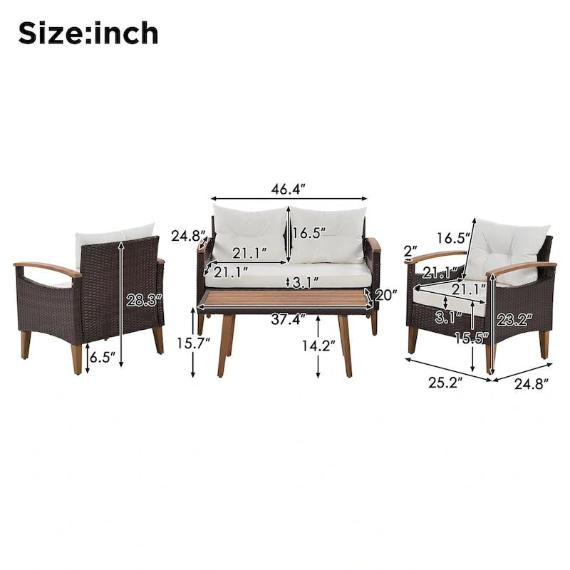 Ensemble de 4 pièces de mobilier de jardin moderne, canapé en rotin avec pieds en bois et coussins, adapté pour terrasse et balcon extérieurs