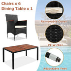 Ensemble de salle à manger d'extérieur moderne en rotin 7 pièces, chaises rembourrées avec accoudoirs et dossiers, idéal pour le jardin et la terrasse.