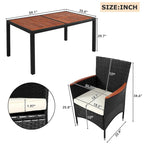 Ensemble de salle à manger d'extérieur moderne en rotin 7 pièces, chaises rembourrées avec accoudoirs et dossiers, idéal pour le jardin et la terrasse.