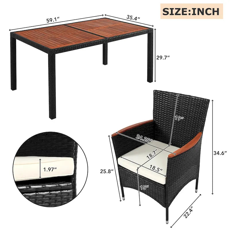 Ensemble de salle à manger d'extérieur moderne en rotin 7 pièces, chaises rembourrées avec accoudoirs et dossiers, idéal pour le jardin et la terrasse.