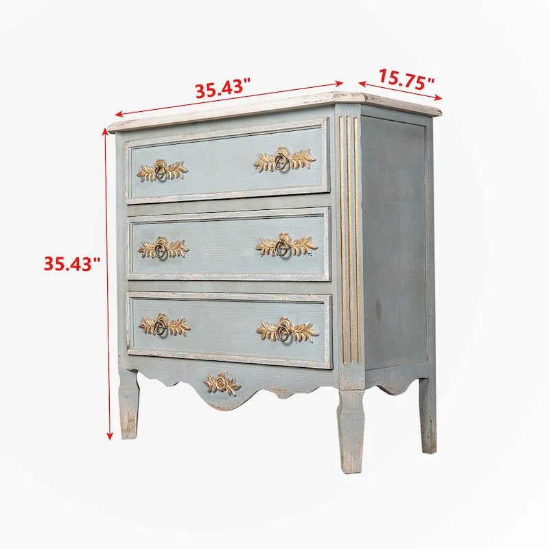 Meuble d'appoint 2 tiroirs en bois massif vieilli bleu avec plateau crème et poignées dorées