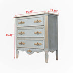 Meuble d'appoint 2 tiroirs en bois massif vieilli bleu avec plateau crème et poignées dorées