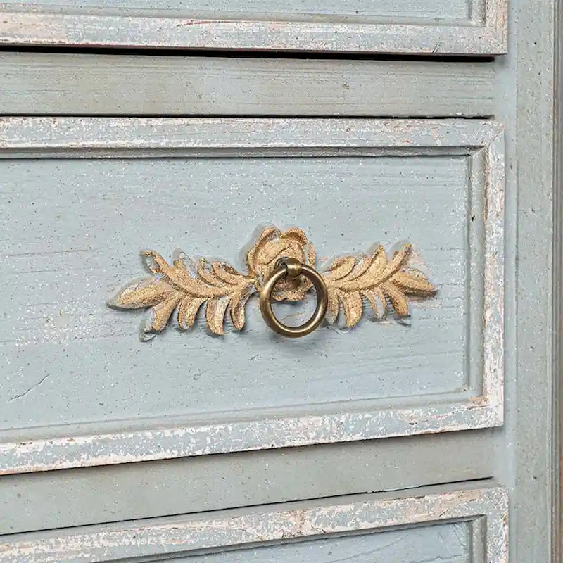 Meuble d'appoint 2 tiroirs en bois massif vieilli bleu avec plateau crème et poignées dorées