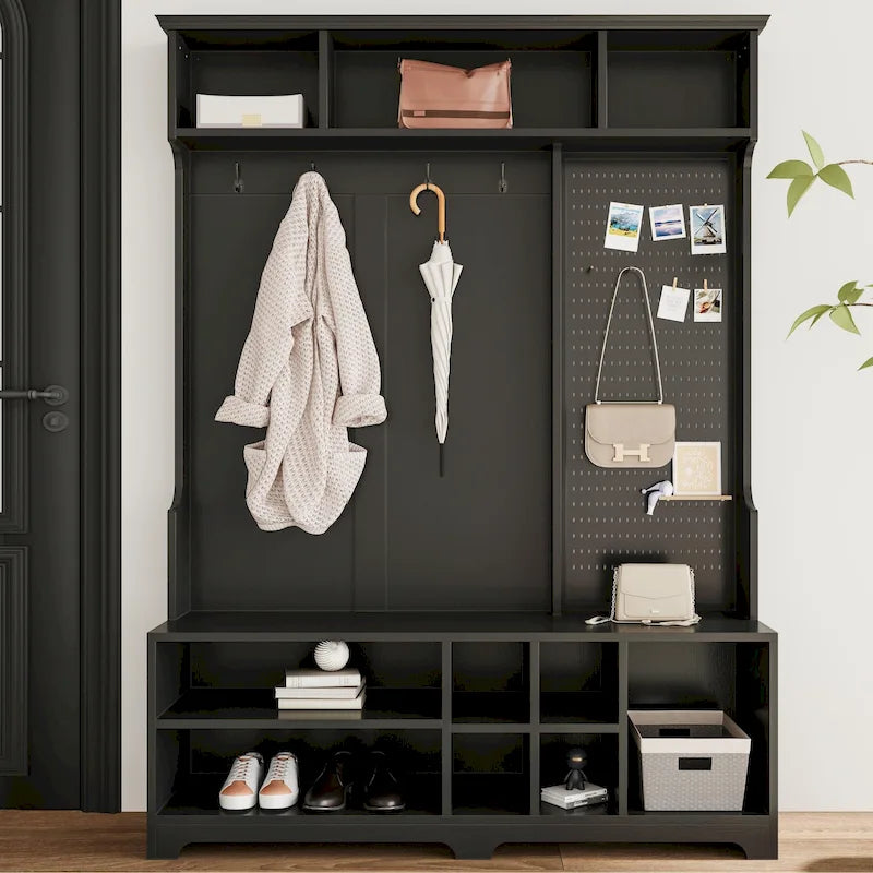 Porte-manteau d'entrée en MDF noir/blanc/marron avec banc à chaussures, panneau perforé, patères et étagères de rangement