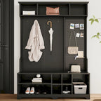 Porte-manteau d'entrée en MDF noir/blanc/marron avec banc à chaussures, panneau perforé, patères et étagères de rangement