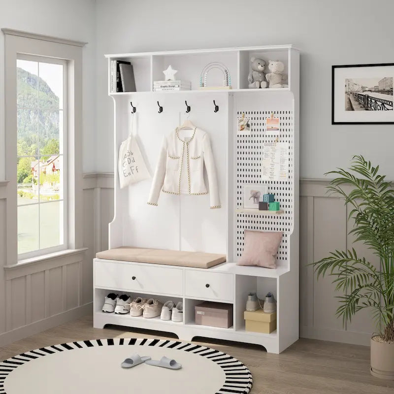 Porte-manteau d'entrée en MDF noir/blanc/marron avec banc à chaussures, panneau perforé, patères et étagères de rangement