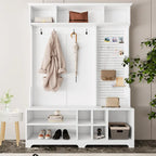 Porte-manteau d'entrée en MDF noir/blanc/marron avec banc à chaussures, panneau perforé, patères et étagères de rangement