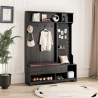 Porte-manteau d'entrée en MDF noir/blanc/marron avec banc à chaussures, panneau perforé, patères et étagères de rangement