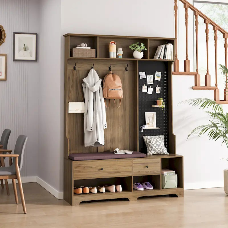 Porte-manteau d'entrée en MDF noir/blanc/marron avec banc à chaussures, panneau perforé, patères et étagères de rangement