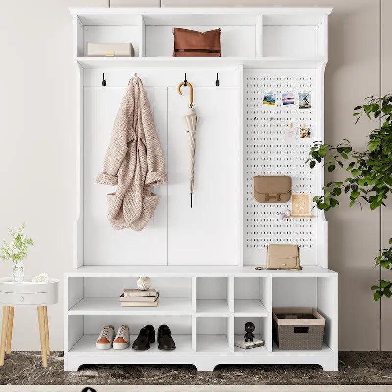 Porte-manteau d'entrée en MDF noir/blanc/marron avec banc à chaussures, panneau perforé, patères et étagères de rangement