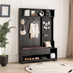 Porte-manteau d'entrée en MDF noir/blanc/marron avec banc à chaussures, panneau perforé, patères et étagères de rangement