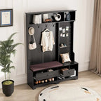 Porte-manteau d'entrée en MDF noir/blanc/marron avec banc à chaussures, panneau perforé, patères et étagères de rangement