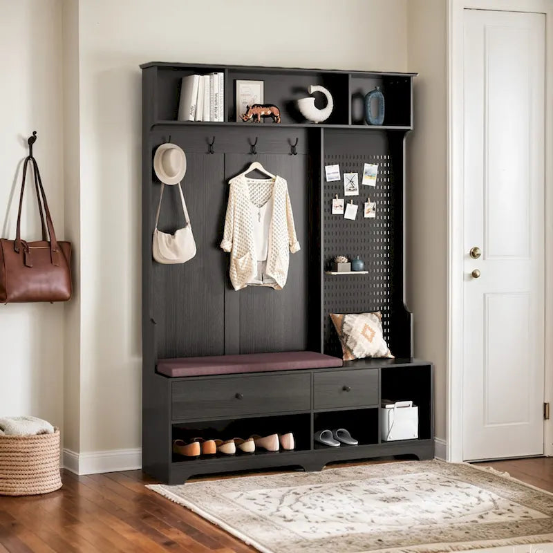 Porte-manteau d'entrée en MDF noir/blanc/marron avec banc à chaussures, panneau perforé, patères et étagères de rangement