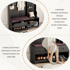Porte-manteau d'entrée en MDF noir/blanc/marron avec banc à chaussures, panneau perforé, patères et étagères de rangement