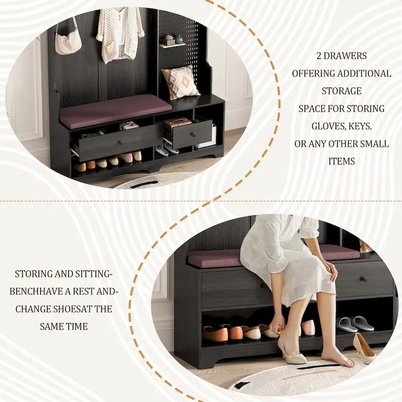 Porte-manteau d'entrée en MDF noir/blanc/marron avec banc à chaussures, panneau perforé, patères et étagères de rangement