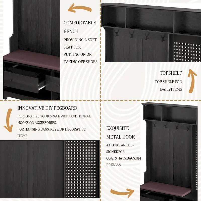 Porte-manteau d'entrée en MDF noir/blanc/marron avec banc à chaussures, panneau perforé, patères et étagères de rangement